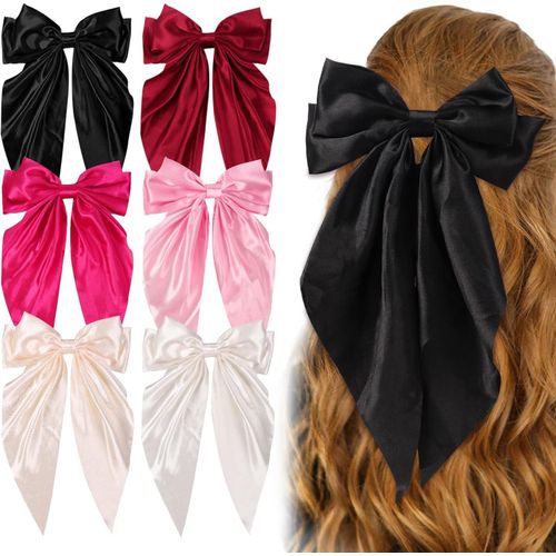 6 توك شعر قطع مشابك أقواس شعر كبيرة للنساء بذيل طويل شريط ناعم من الساتان الحريري إكسسوارات شعر للنساء (6 ألوان)