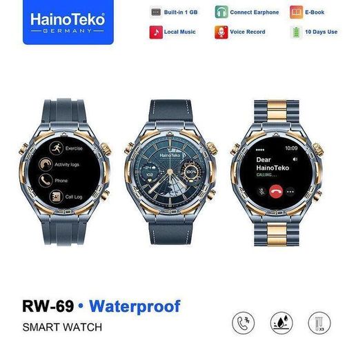 RW-69 Smart Watch with AMOLED display, 1GB internal memory, Bluetooth calling, water resistance, and 3 straps (leather, metal, silicone) - Blue/Gold