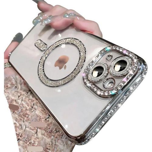 Magnetic Series Design for iPhone Case,Compatible with MagSafe,Luxury Glitter Diamond Camera Bing Plated Edge,Shiny Clear Military Drop Protection Shockproof Cover(Silver,iPhone 12)