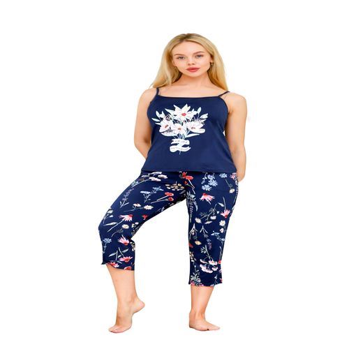 Women's Pajama Set – Spaghetti Straps, Polyester, Floral Print, and Capri Pants – Women's Capri Pajama Set