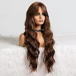 باروكة شعر صناعية طويلة مموجة بني من ألياف حرارية