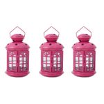 Decorative Metal Lantern, Pink, Star Cutout Design, Hanging Handle, Glass Panels, Candle Holder 3pack