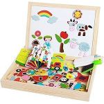 Ilearn سبورة مغناطيسية مزدوجة الوجه للأطفال – أكثر من 100 قطعة بازل خشبية ملونة – لوحة تعليمية للرسم والتعلم مع صندوق تخزين – هدية مثالية للأطفال