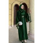 Royal Black Women’s Cardigan with Gold Arabic Calligraphy Embroidery – 3-Piece Set (Cardigan + Belt + dress ) – Perfect for Ramadan & Eid- - Dark green