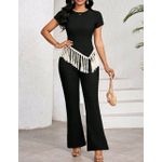 product_image_name-SHEIN-مجموعة من قطعتين من للسيدات، بلوزة وبنطلون بأكمام قصيرة ورقبة دائرية وحاشية مزينة بالشراشيب، أنيقة ومميزة-5