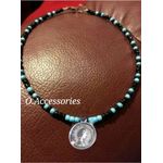 O Accessories خلخال حريمي سلسله فضي لون اسود و تركواز خرز زجاجي إيطالي  ،معدن فضي