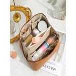 product_image_name-Generic-Travel Cosmetic Bag, Women's Large Capacity Cosmetic Bag, Waterproof Portable Bag Flat Cosmetic Bag, Makeup Storage Bag with Dividers and Handles (Brown)-2
