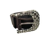 حزام جلد صناعي بني مع مشبك مستطيل فضي منقوش