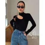 product_image_name-BENAA FASHION- تي شيرت قطن مضلع للنساء بكتف واحد وكم مفتوح و هاف كوول - طويل - لون اسود-1