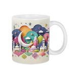 Mug with Islamic Mosque Design, Colorful Crescent Moon and Stars Ramadan Theme