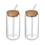 product_image_name-Generic-2 Pcs Glass Iced Coffee Mug with Straw and Bamboo Wood Lid Glass Juice Mug with Straw and Wooden Lid - Drinking Cups with Bamboo Lids and Straws, Glass Cup for Iced Coffee, Milk, Yogurt, Cocktails, Smoothies Clear Drinking Cup for Juice, Milk - Glass-1