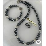 RA accessories طقم عقد و حلق و اسورة لؤلؤ (لولى) رمادى مع فواصل الماظ