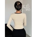 product_image_name-BENAA FASHION-Women's Ribbed Cotton Crew Neck Bow long Sleeve T-Shirt - baige - with black stripe -3