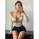 product_image_name-BENAA FASHION-Women's Ribbed Cotton Crew Neck Bow long Sleeve T-Shirt - baige - with black stripe -4