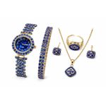 SHEIN Luxury Women Watch Set with Blue Crystal – Watch, Bracelet, Necklace, Ring & Earrings – Elegant Royal Design