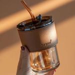 product_image_name-Generic-Glass Coffee Mug with Brown Leather Lid, Portable Drink Holder, Modern Design, 400ml-4