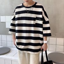 Buy Fashion Harajuku Stripe Tshirt Summer Mens Korean Style T Shirt Men Oversized Yellow Tshirts Hip Hop Casual Pocket T-shirt(#White) in Egypt