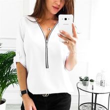 Buy Fashion European Women V-neck Zipper T Shirt Girl Casual Pink Red Five-point Sleeve Shirts Ladies Summer Large Size Tops(#White) in Egypt