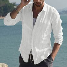 اشتري Fashion Men's Solid Color Cotton Casual Shirts Cotton Linen Long Sleeve Shirts-White في مصر