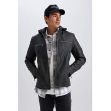 اشتري Defacto Slim Fit Hooded Jacket Faux Leather Faux Jacket في مصر