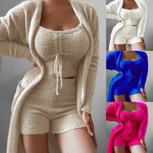 اشتري Fashion (Blue)3 Piece Sexy Women Sets Plush Velvet Pajama Sleepwear Tank Tops + Shorts + Cardigan Coat Tracksuit Loungewear Causal Outfits 3XL JIN في مصر