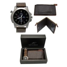 اشتري Miyoko Leather Watch  + Miyoko PU Leather Wallet Bundle - Dark Brown في مصر