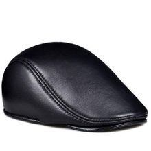 اشتري Spring Winter Uni Genuine Leather Beret Hats Men Women Black Peaked Cap Male في مصر