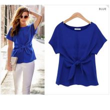 Buy Women's Chiffon T-Shirt Unique Color Blouse Short Sleeve Loose Bowknot Round Neck in Egypt