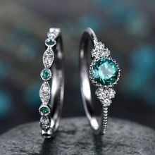 اشتري Generic Hiamok 2pcs Sparkling Natural Gemstone Ring Set Women Emerald Sapphire Wedding Rings في مصر