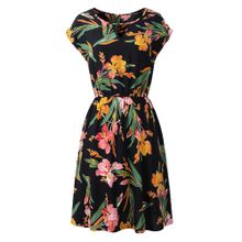 Buy Fashion Printed Round Neck Short-sleeved Elastic Waist Dress Women's Black And Yellow in Egypt