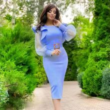 Buy Aomei Women Dress Ruffle O Neck Long Tulle Sleeve See Through Pathwork BlueLong SleeveChristmas Party DressesRuffleBodyconO NeckPathwork in Egypt