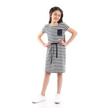 اشتري Kady Bi-Tone Striped Cotton Girls Dress - Multicolour Navy Blue & Light Grey في مصر