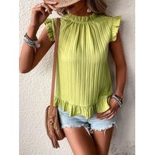 Buy SHEIN Frill Neck Ruffle Trim Keyhole Back Blouse Mustard Yellow in Egypt