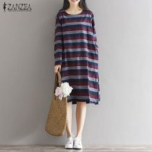 اشتري ZANZEA ZANZEA Long Sleeve Knee-Length Dress Striped Pullover Pockets Female Autumn Leisure Cotton Linen Vintage Vestido Plus Size Wine Red في مصر