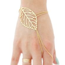 اشتري Generic Hiamok Fashion Women Hollow leaves Finger Ring Bangle Slave Chain Gold Bracelet في مصر