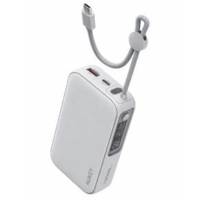 Aukey بنك طاقة سبارك سلينج 10000 صغير الحجم للشحن السريع مع كابل USB-C مدمج - أبيض