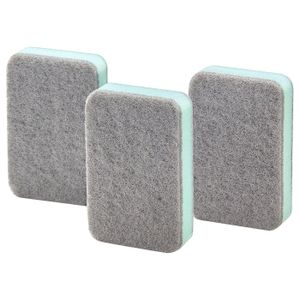 Sponge Three gray-green rectangular sponges for cleaning dishes and surfaces.