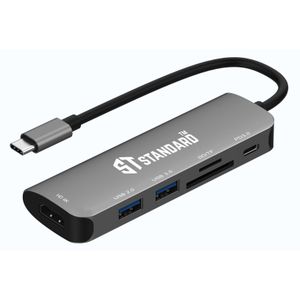 Standard 95116D محطة إرساء USB-C 6 في 1 مع HDMI بدقة 4K، منفذي USB 3.0، قارئ بطاقات SD وTF وشحن PD بقوة 100 وات