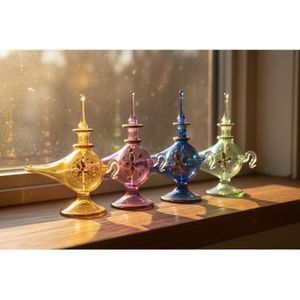 LW18 Egyptian Glass Perfume Bottles Set, Mouth-Blown Decorative Style Bottles, Aladdin Theme, 12.5 cm, 4-Piece Collection in Yellow, Purple, Blue, Green