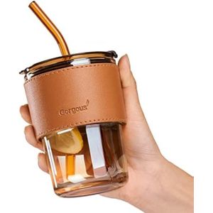 (كوب زجاجي مع شفاطة سيليكون وغطاء كوب مع حافظة جلدية _ زجاجة أساسية للسفر الصيفية مزدوجة الاستخدام من كيلفي، سعة 360 مل، (لون عشوائى