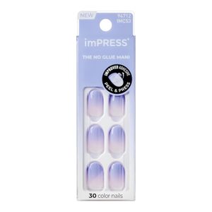 Impress اظافر جاهزة للتركيب بالضغط بدون غراء من امبريس بتصميم طبيعي رائع، كود 55، فريندزون، لون ازرق فاتح الى ابيض شكل سكوفال قصير، 30 قطعة