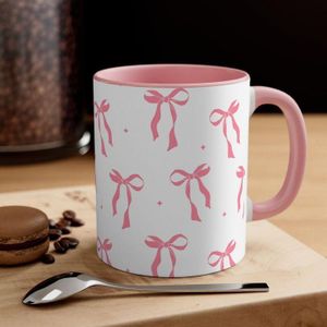 Cute Coquette Pink Bow Mug - Two-Tone Ceramic Coffee Cup, 11 oz - Pastel Pink Bow Ribbon Pattern & Inner Rim, Aesthetic Girly Gift for Women, Teens, Ribbon Bow Lovers, Desk Decor