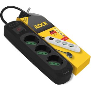 iLOCK شريط طاقة، 3 منافذ مع مفتاح، 3500 واط (أسود، 1.5 متر)