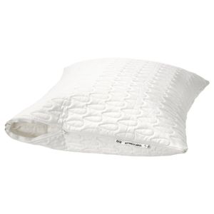 Pillow protector A white  SOTNÄTFJÄRIL pillow protector. Its rectangular, quilted, and made of 100% recycled polyester.