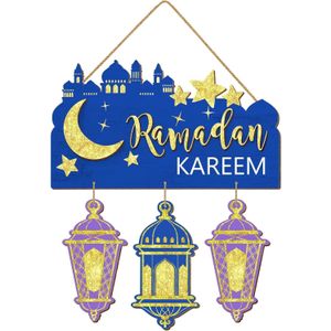لافتة باب بتصميم رمضان كريم من زيبراز، زينة رمضان مبارك لديكور المنزل، زينة خشبية معلقة على شكل قمر عيد مبارك، لافتة فانوس خشبية لتزيين الباب والجدار بنمط إسلامي، أزرق وأرجواني