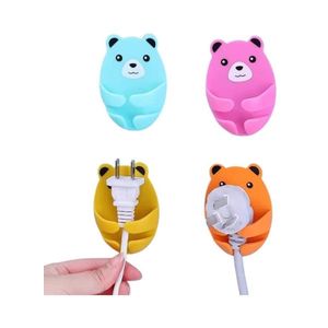 Self-Adhesive Bear Wall Hooks for Plug and Cable Organizer (4 Pack in Assorted Colors) - Storage Solution for Data Cables, Earphones, Plugs, and Switches