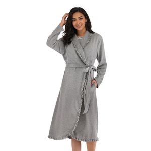 Fg Women's cotton bathrobe with a ruffled design and waist tie, gray color