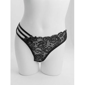 Classic Black Floral Lace Multi-Strap Thong with Bows