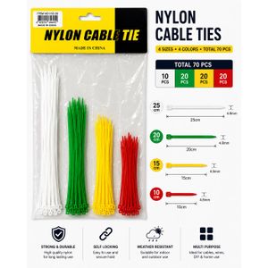 Nylon Cable Ties – 70 Pieces, 4 Colors, 4 Sizes