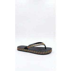 Casual Black Flip-Flops with Gold Greek Key Pattern - Comfortable Summer & Beach Sandals